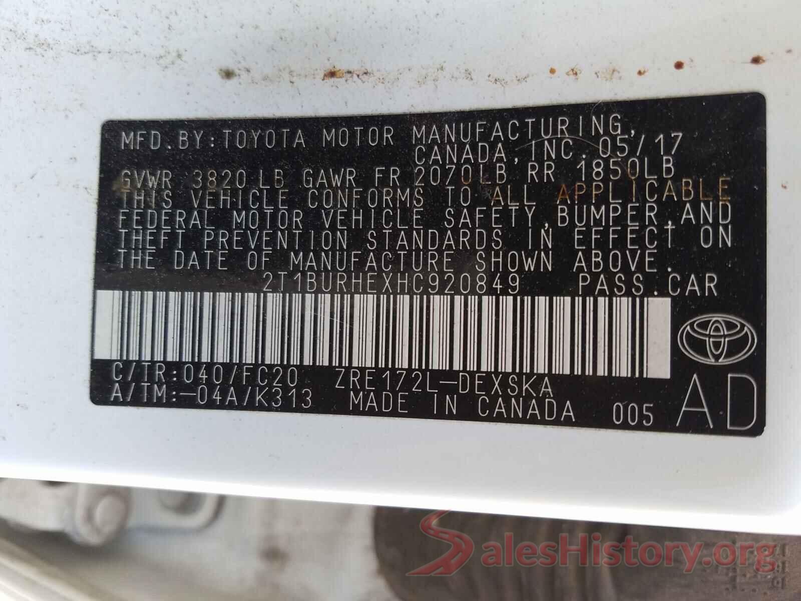 2T1BURHEXHC920849 2017 TOYOTA COROLLA