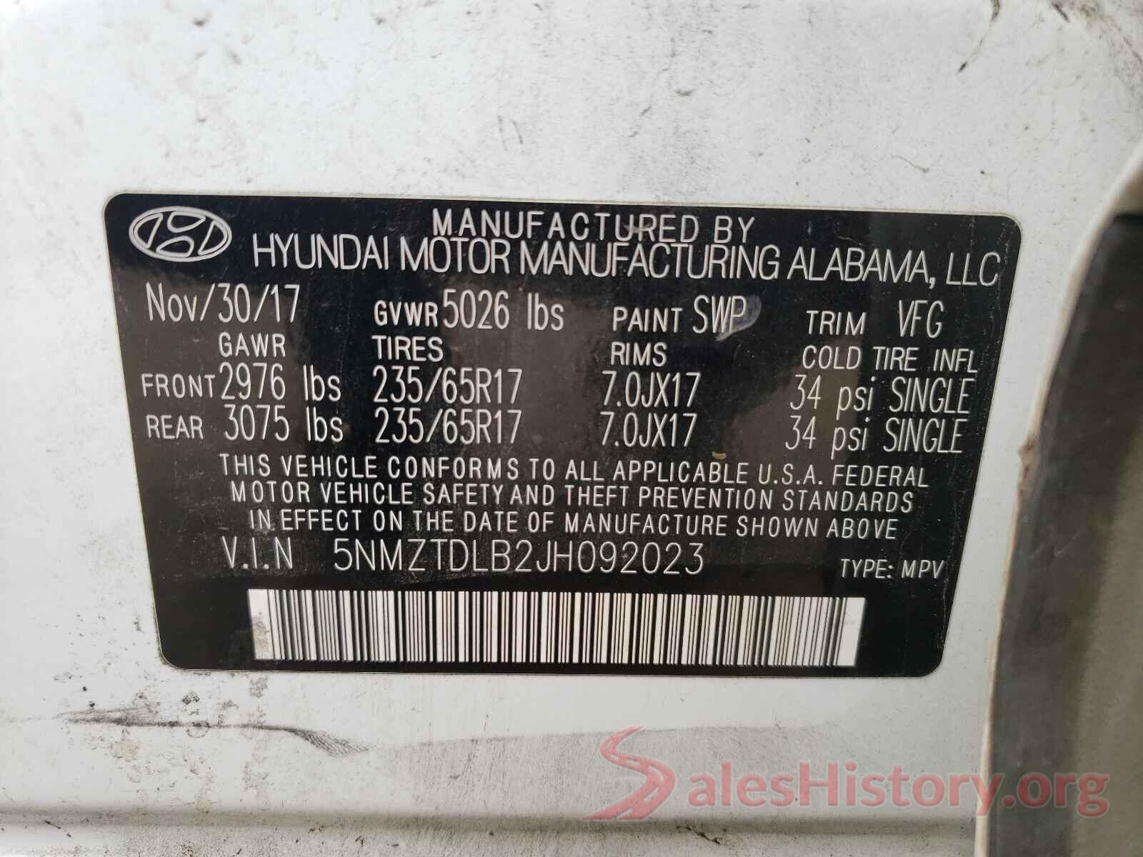 5NMZTDLB2JH092023 2018 HYUNDAI SANTA FE