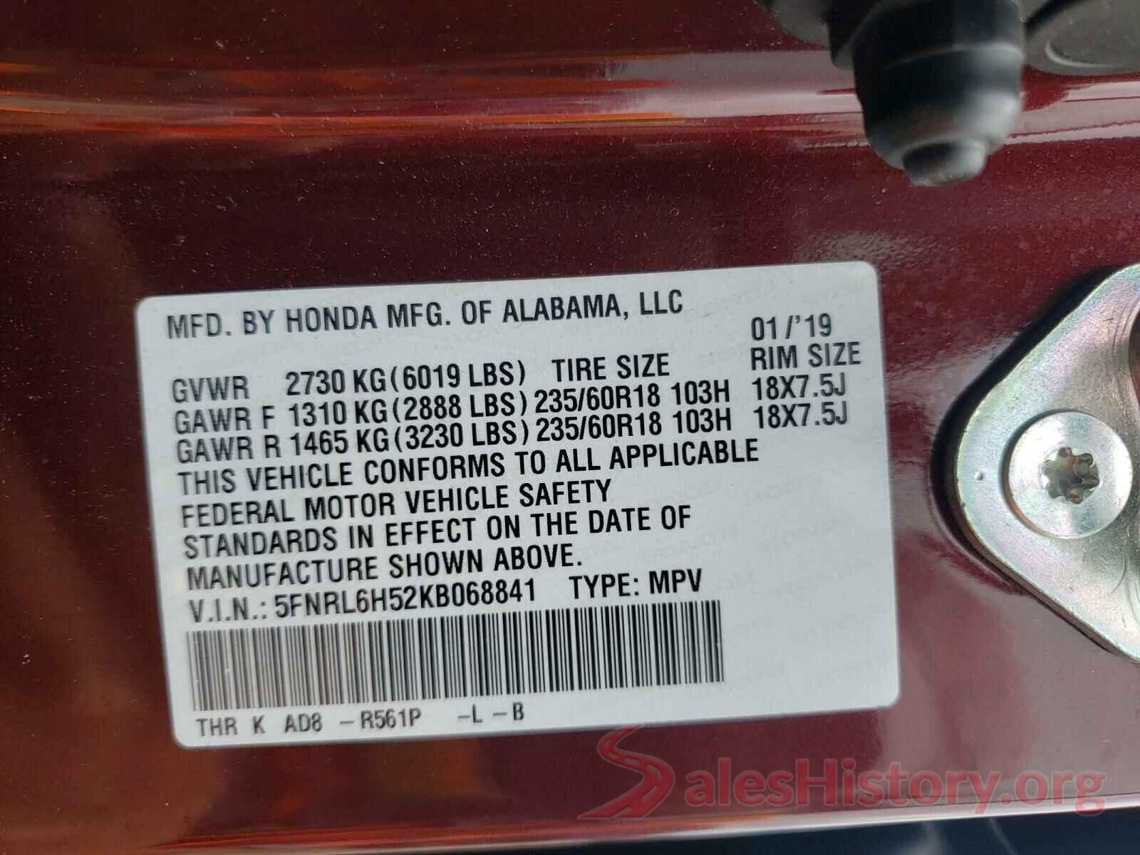 5FNRL6H52KB068841 2019 HONDA ODYSSEY