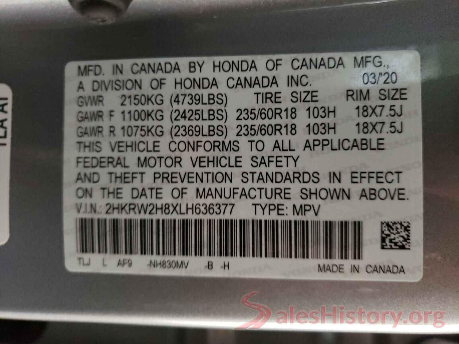 2HKRW2H8XLH636377 2020 HONDA CRV