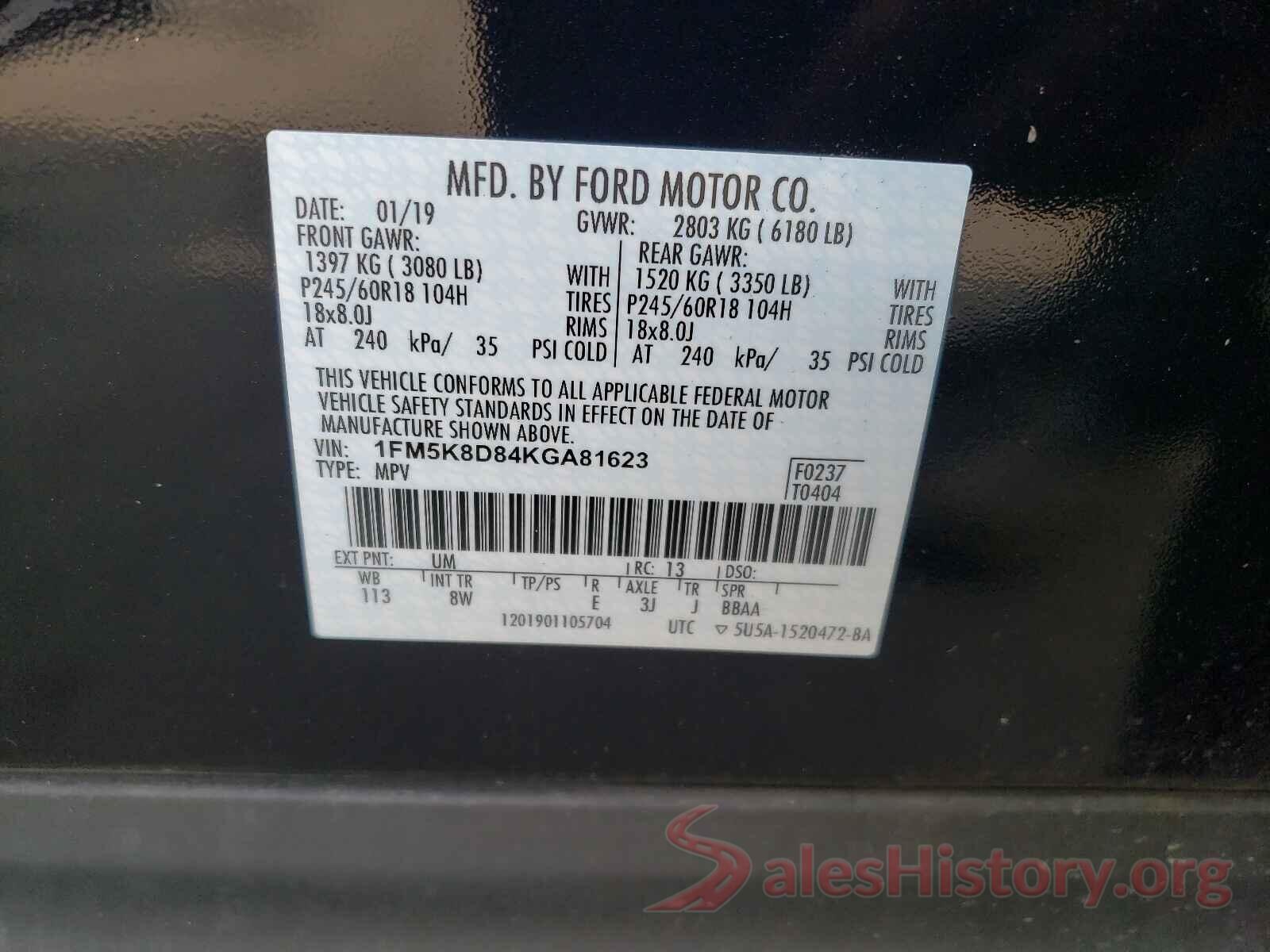 1FM5K8D84KGA81623 2019 FORD EXPLORER