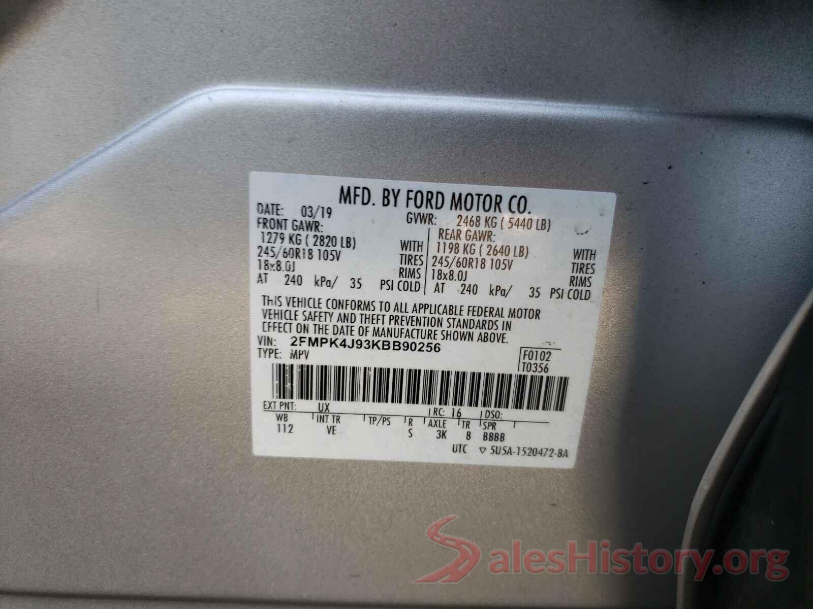 2FMPK4J93KBB90256 2019 FORD EDGE