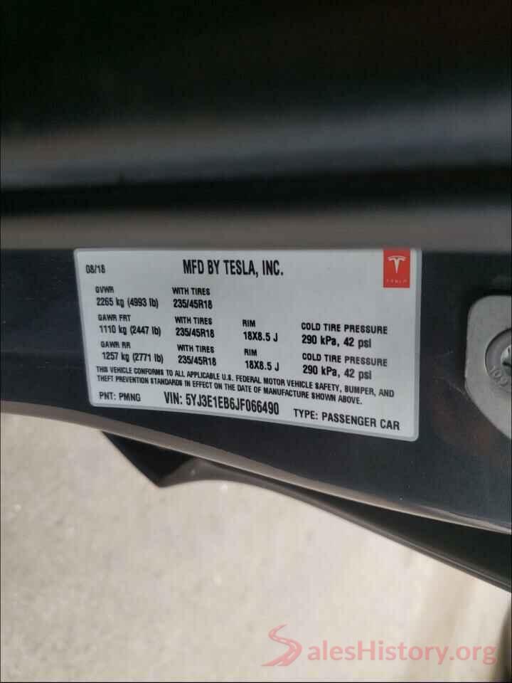 5YJ3E1EB6JF066490 2018 TESLA MODEL 3