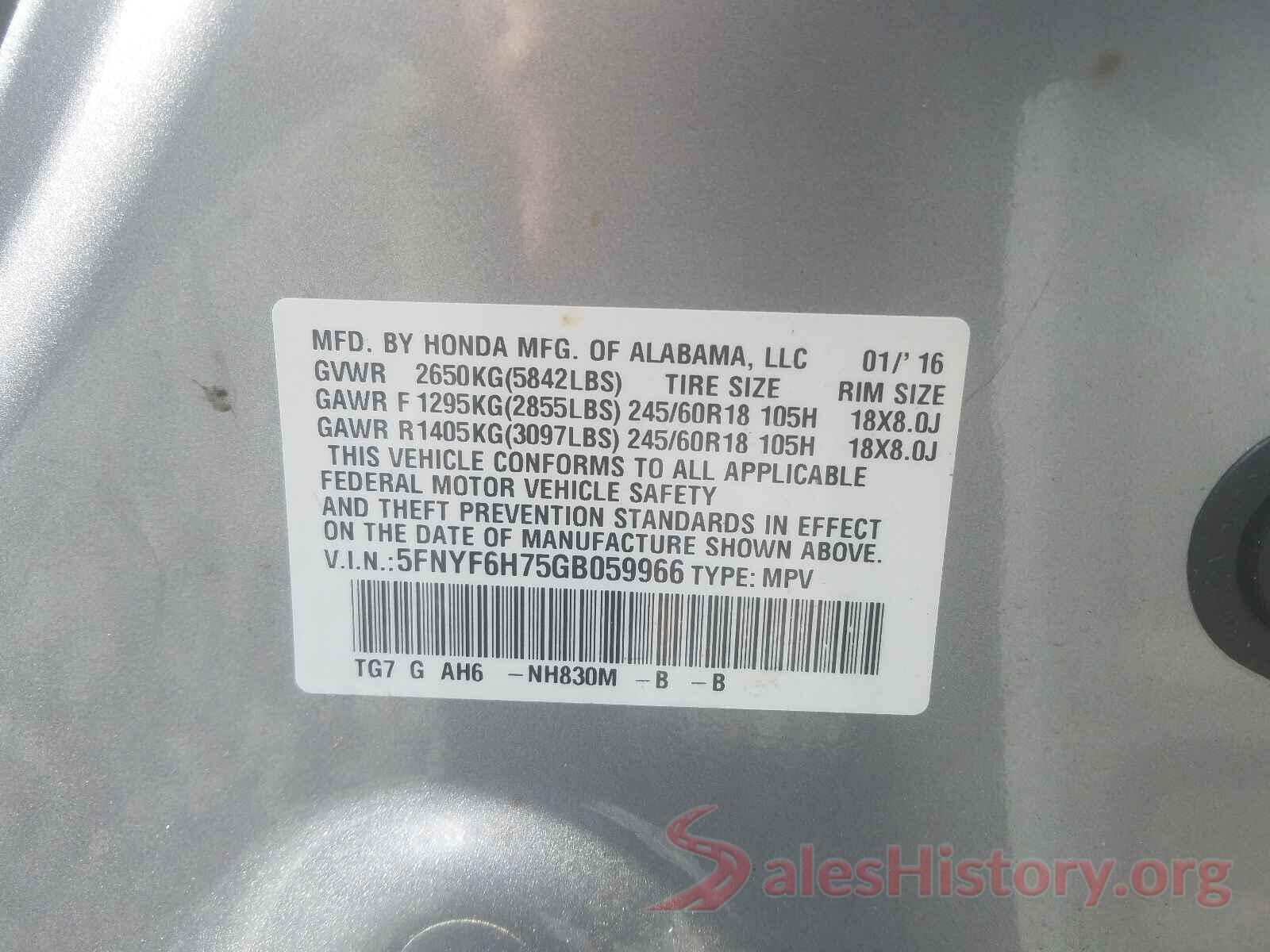 5FNYF6H75GB059966 2016 HONDA PILOT