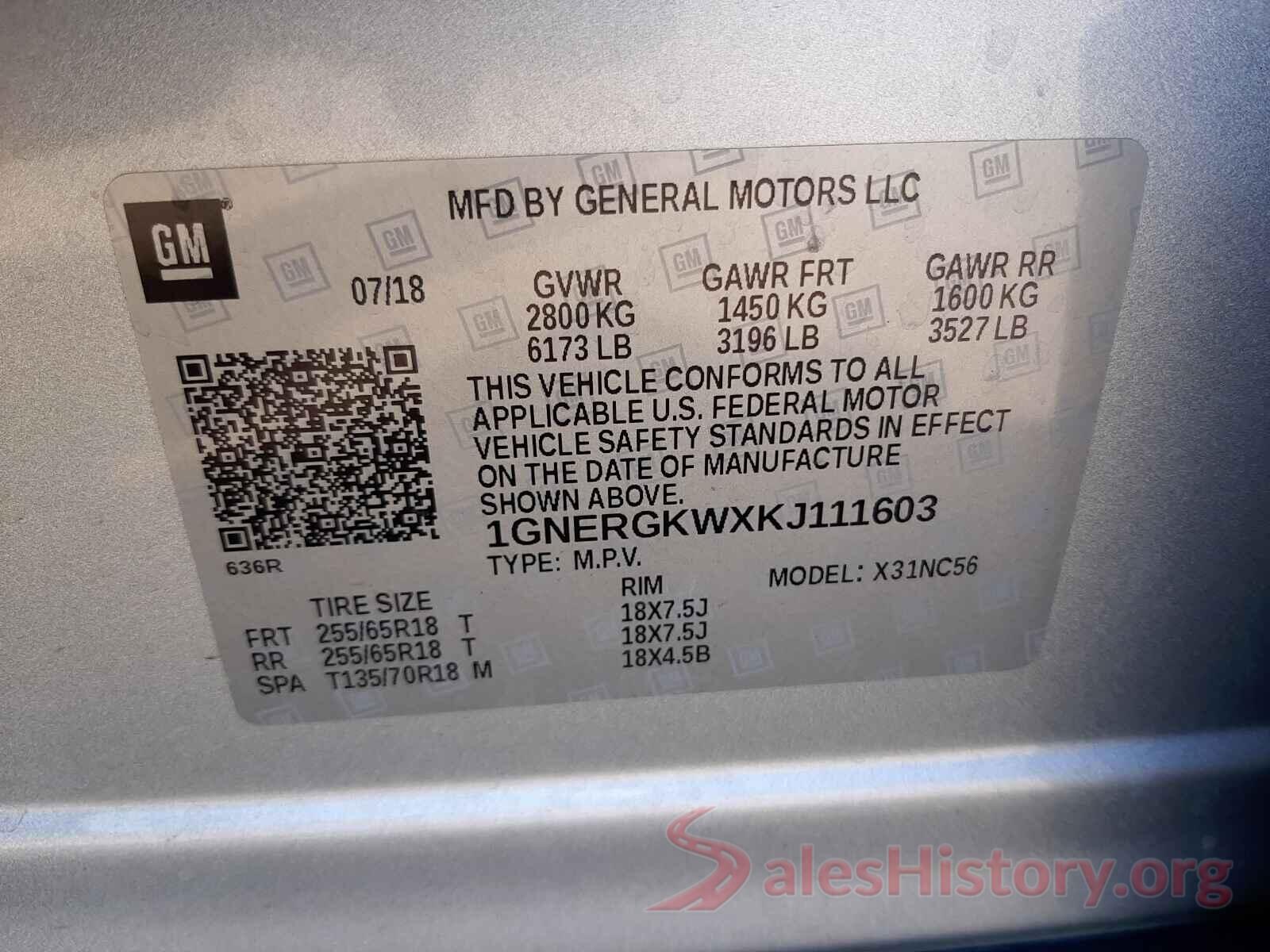 1GNERGKWXKJ111603 2019 CHEVROLET TRAVERSE