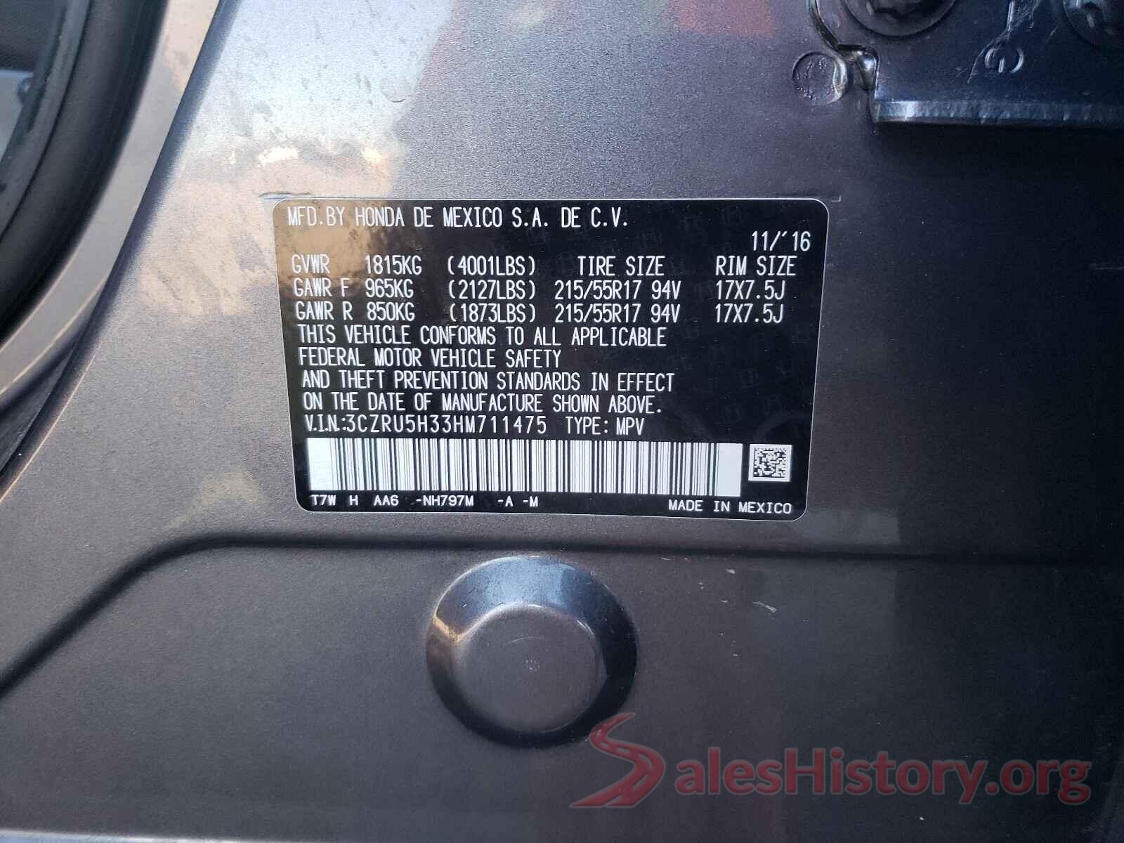 3CZRU5H33HM711475 2017 HONDA HR-V