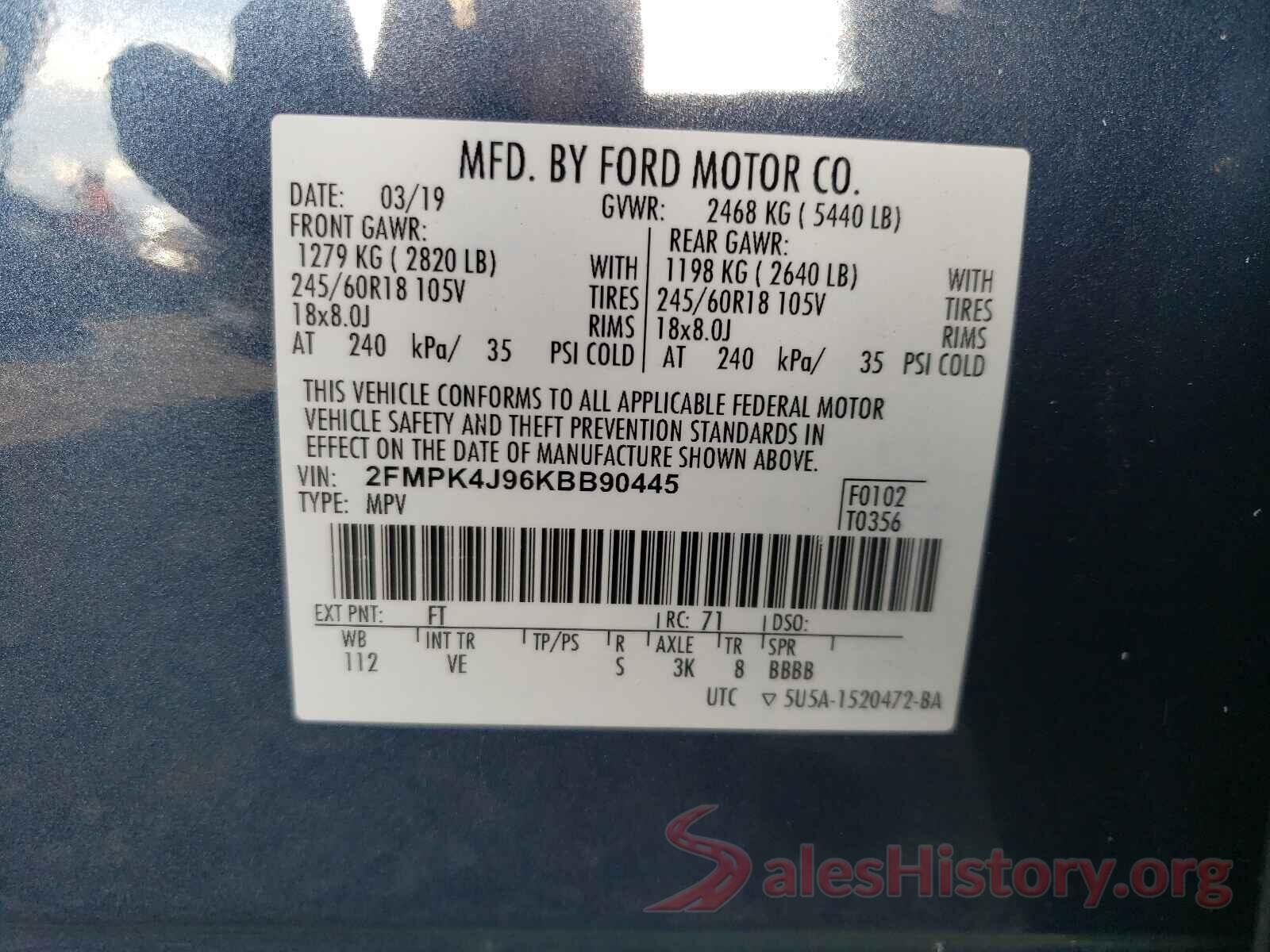 2FMPK4J96KBB90445 2019 FORD EDGE