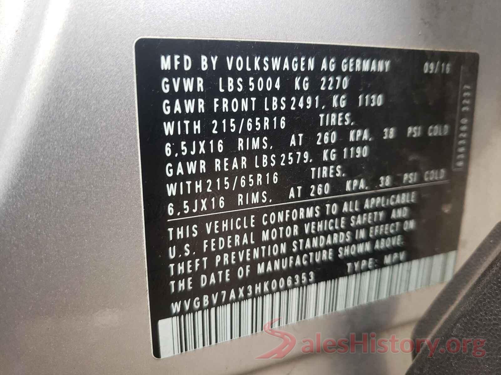 WVGBV7AX3HK006353 2017 VOLKSWAGEN TIGUAN