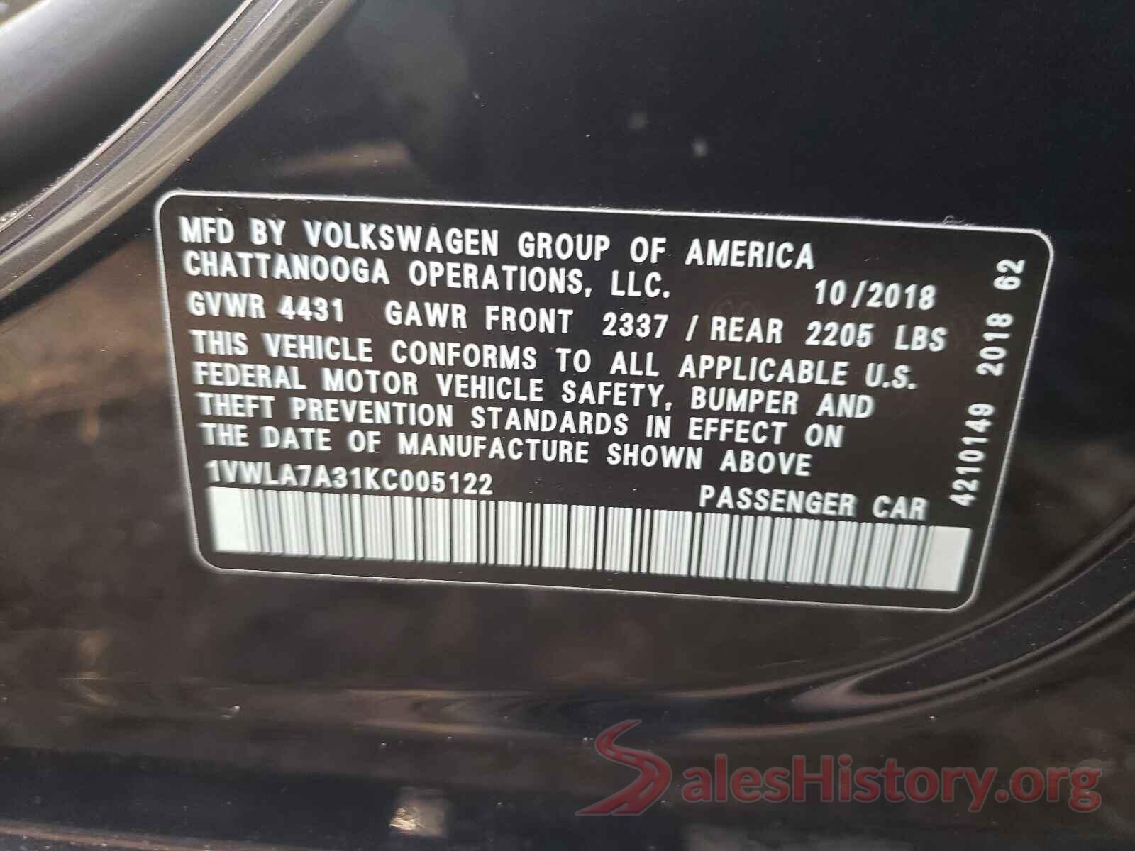 1VWLA7A31KC005122 2019 VOLKSWAGEN PASSAT