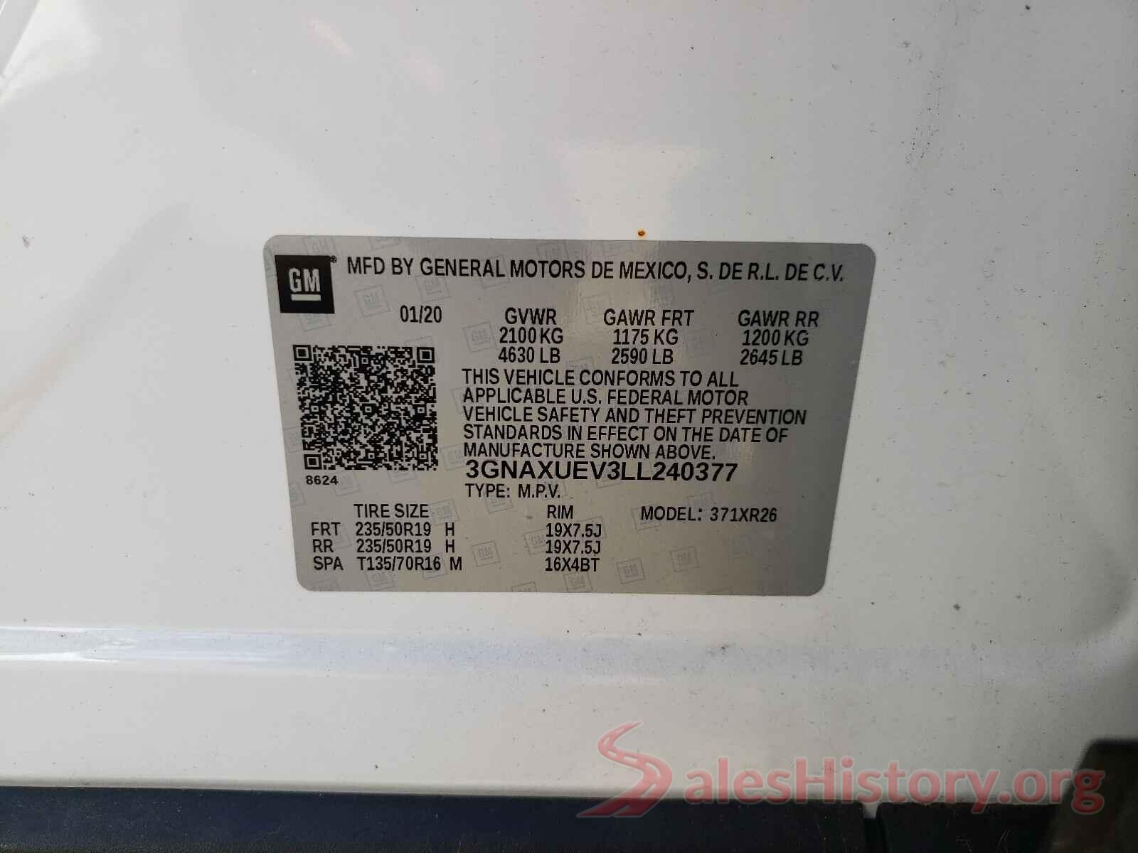 3GNAXUEV3LL240377 2020 CHEVROLET EQUINOX