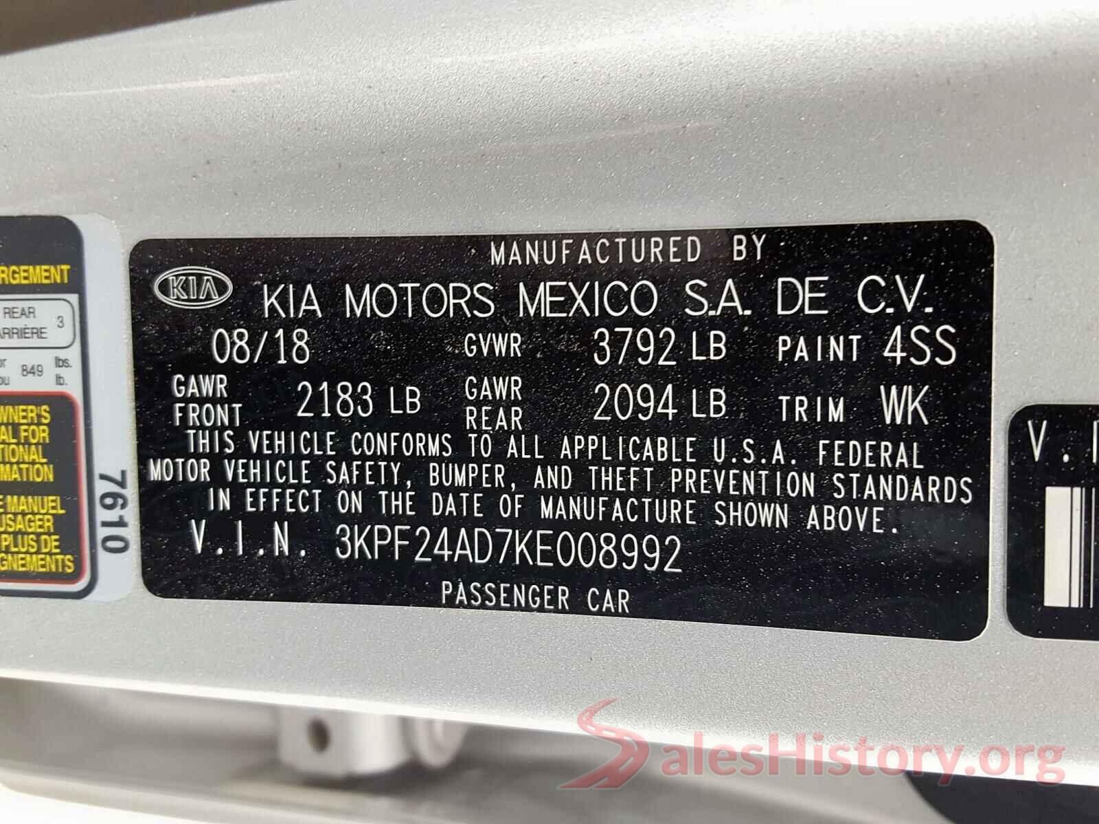 3KPF24AD7KE008992 2019 KIA FORTE