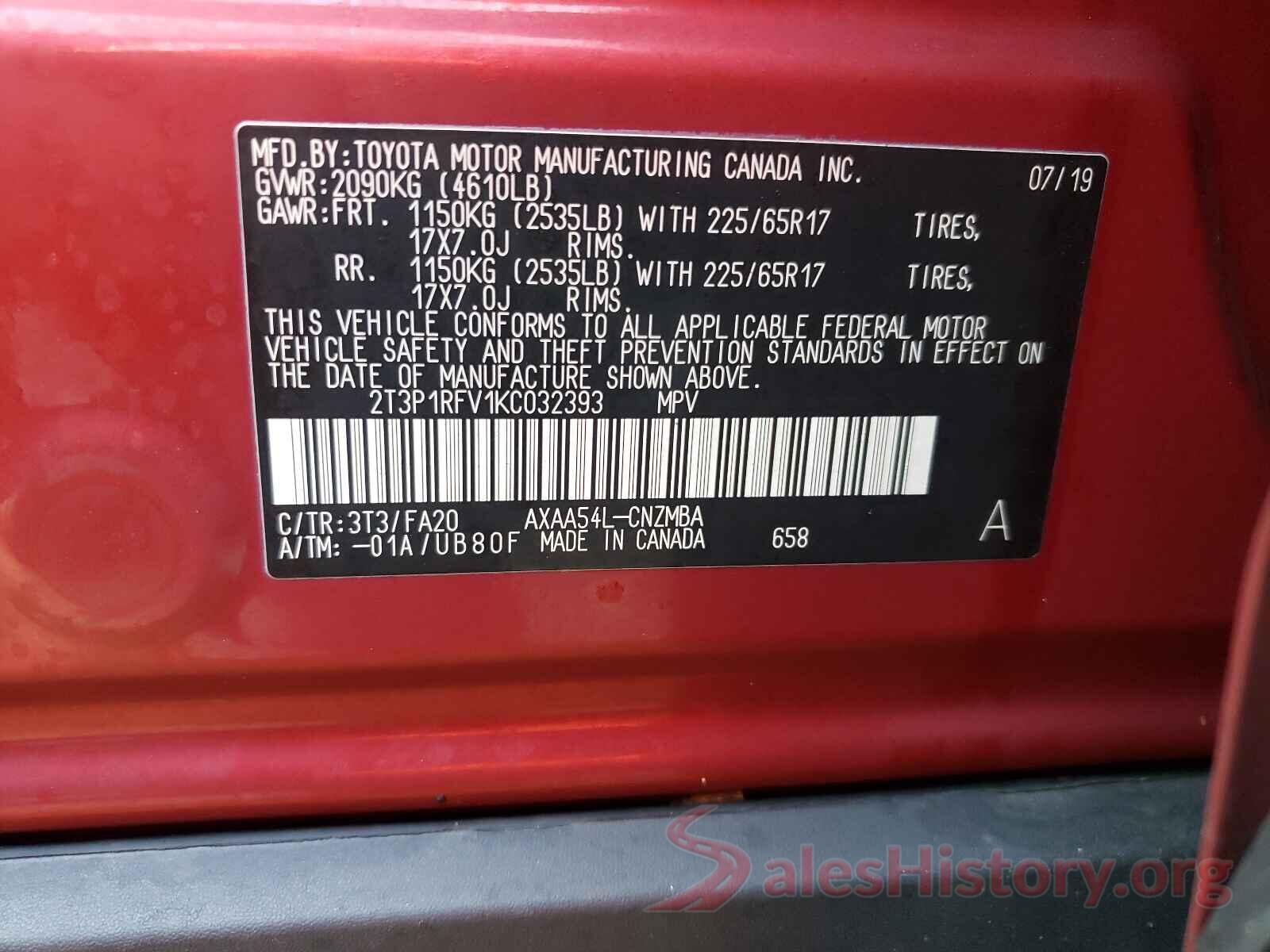 2T3P1RFV1KC032393 2019 TOYOTA RAV4