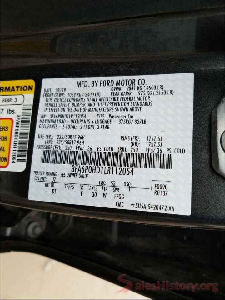 3FA6P0HD1LR112054 2020 FORD FUSION