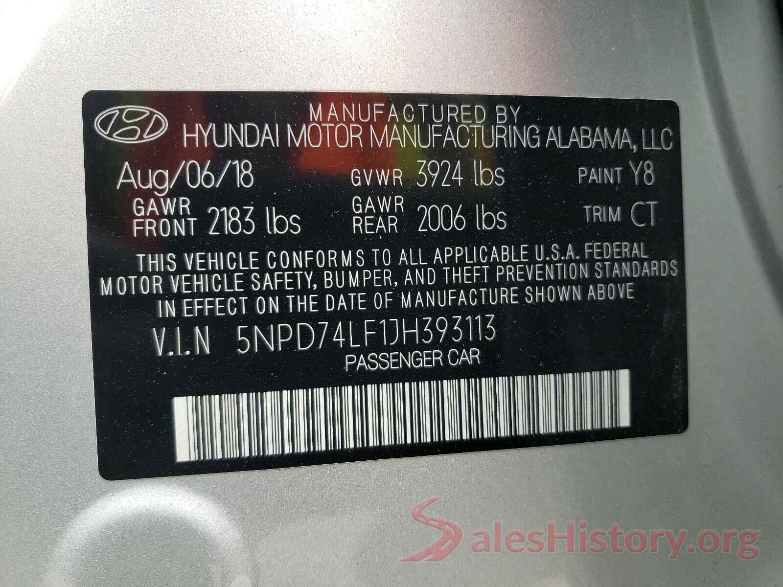 5NPD74LF1JH393113 2018 HYUNDAI ELANTRA