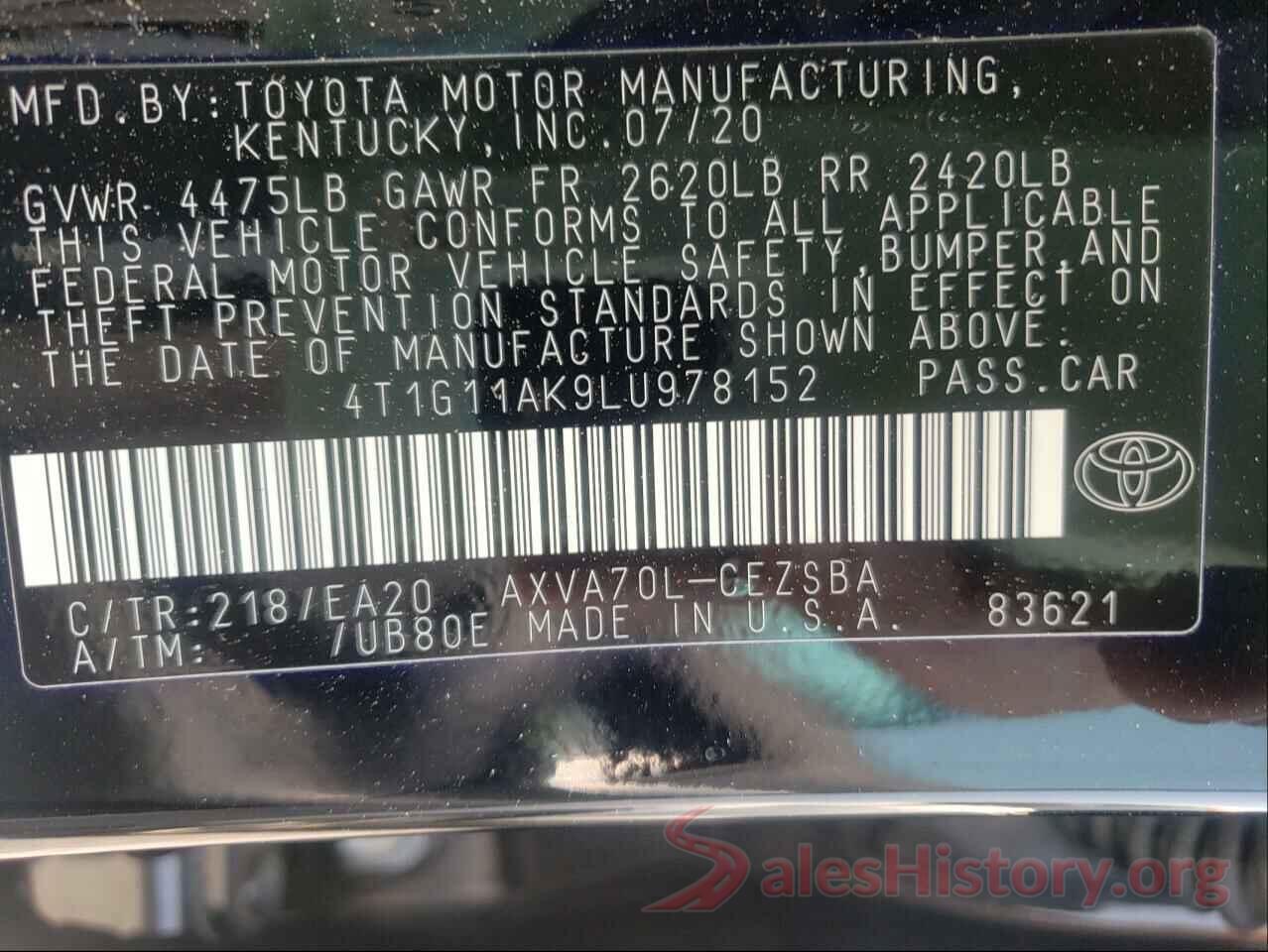 4T1G11AK9LU978152 2020 TOYOTA CAMRY