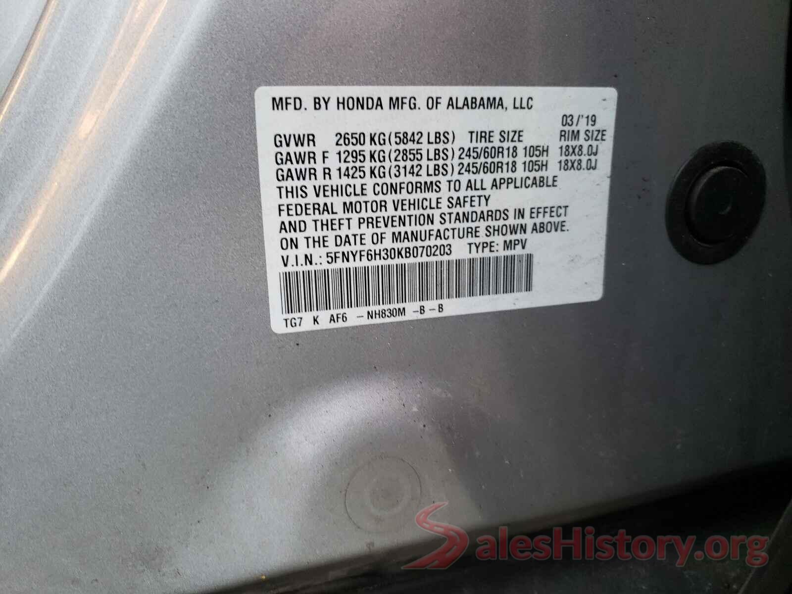 5FNYF6H30KB070203 2019 HONDA PILOT