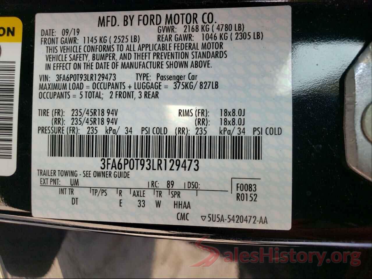 3FA6P0T93LR129473 2020 FORD FUSION