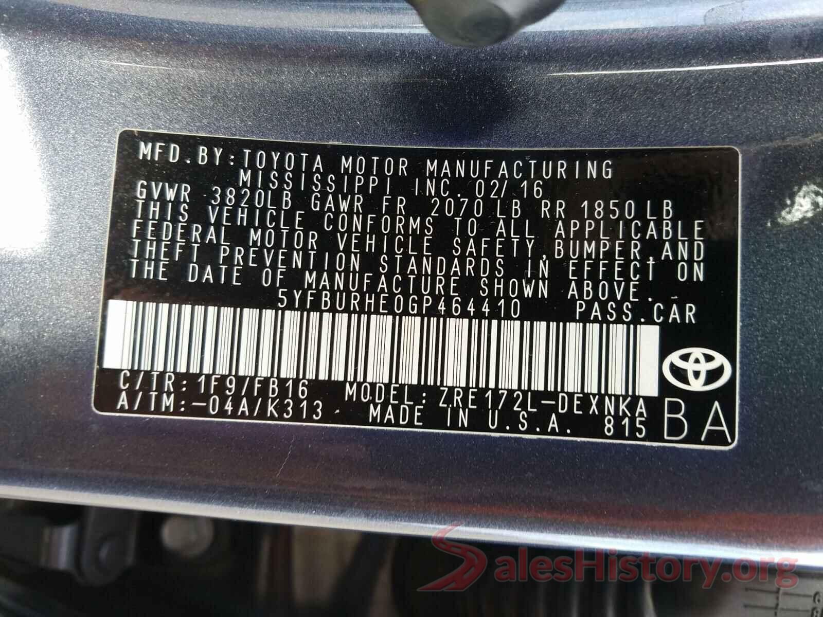 5YFBURHE0GP464410 2016 TOYOTA COROLLA