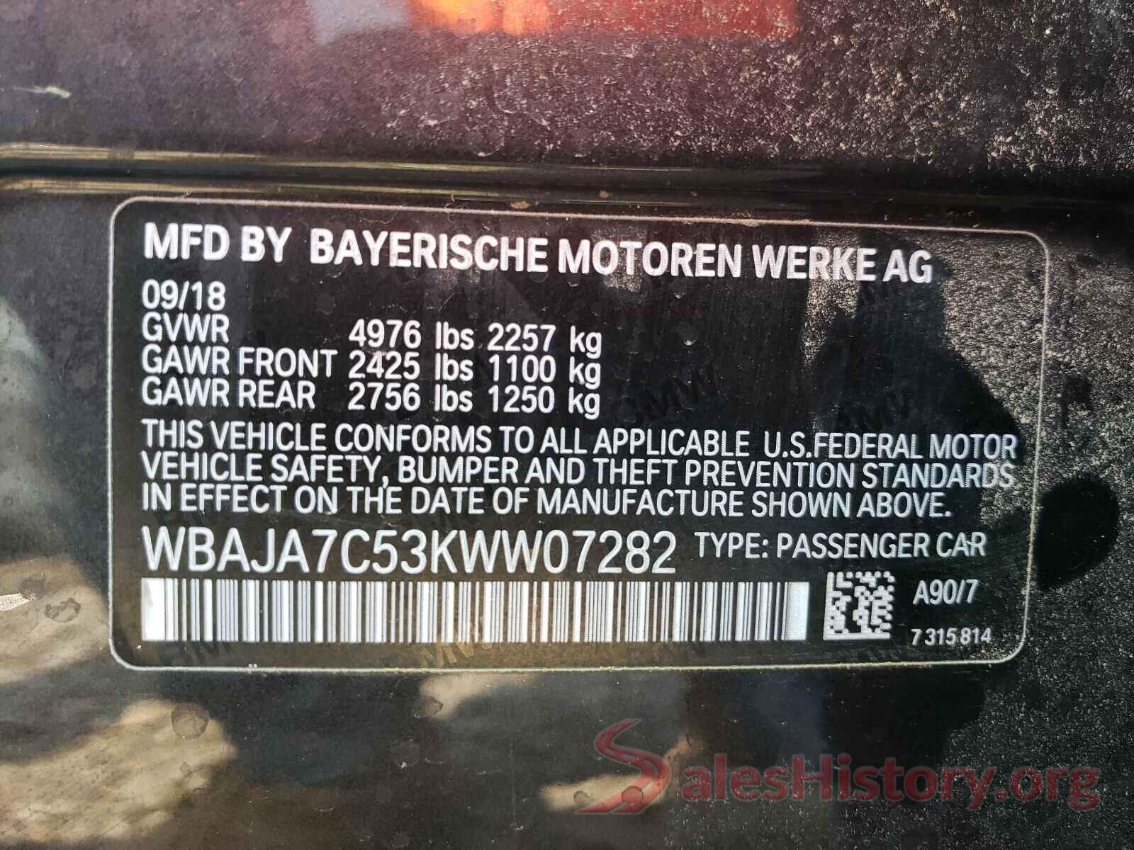 WBAJA7C53KWW07282 2019 BMW 5 SERIES