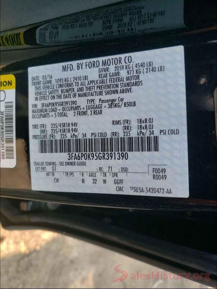 3FA6P0K95GR391390 2016 FORD FUSION