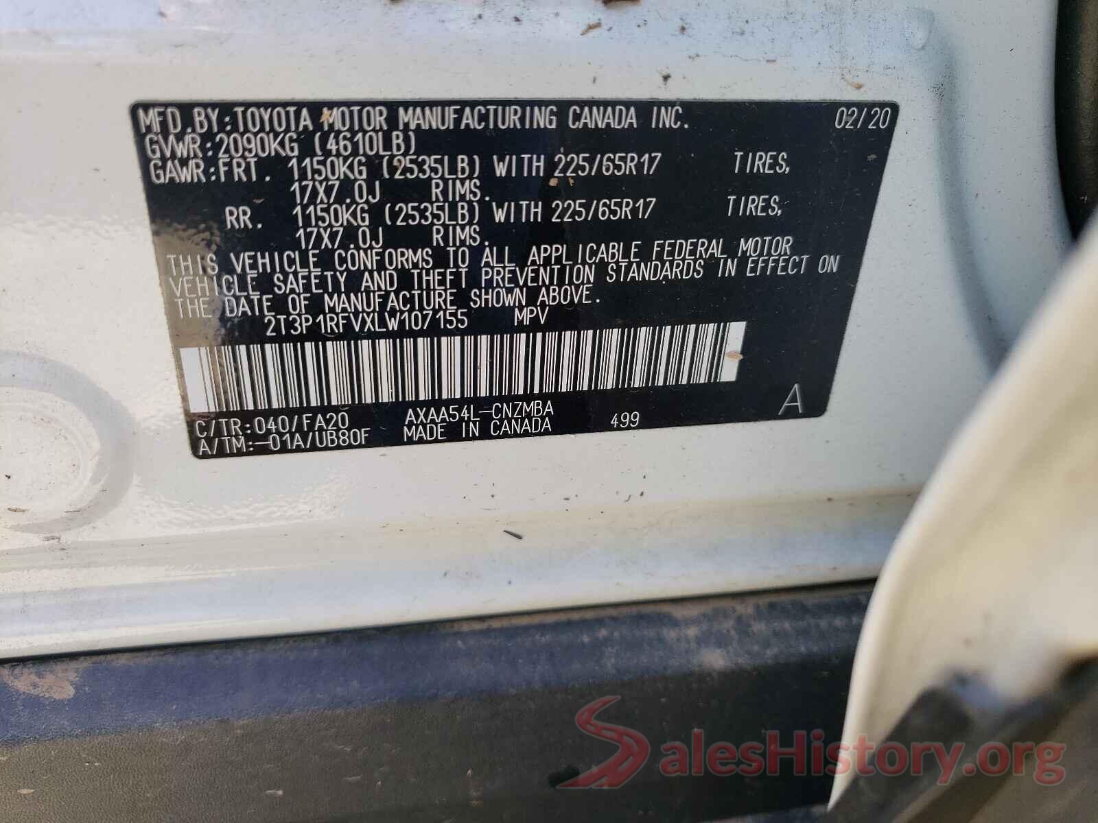 2T3P1RFVXLW107155 2020 TOYOTA RAV4