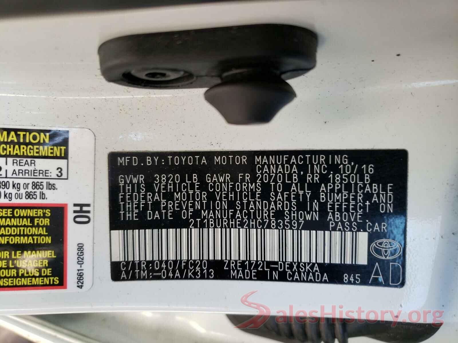 2T1BURHE2HC783597 2017 TOYOTA COROLLA