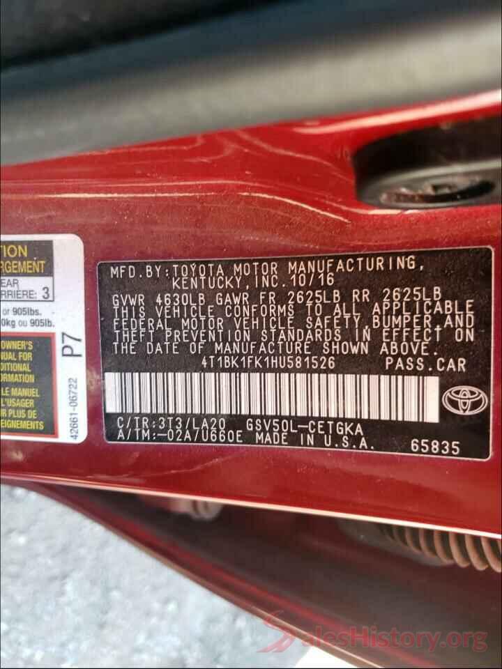 4T1BK1FK1HU581526 2017 TOYOTA CAMRY