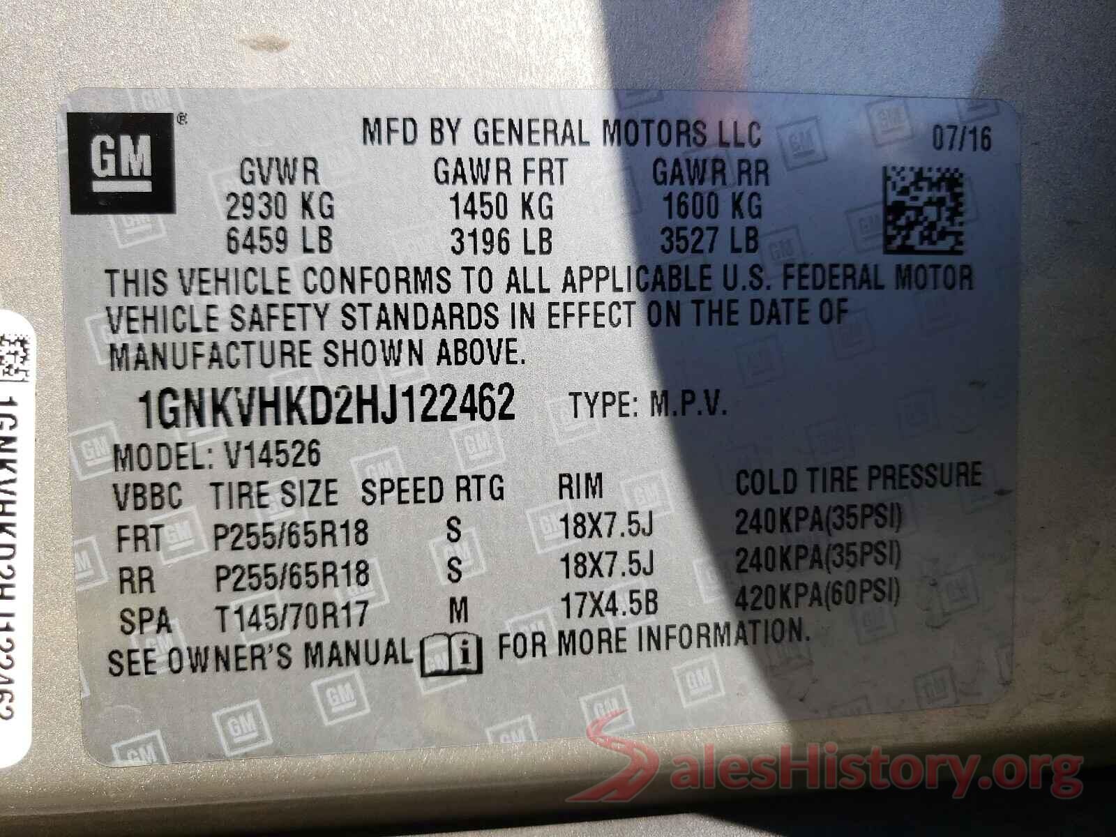 1GNKVHKD2HJ122462 2017 CHEVROLET TRAVERSE