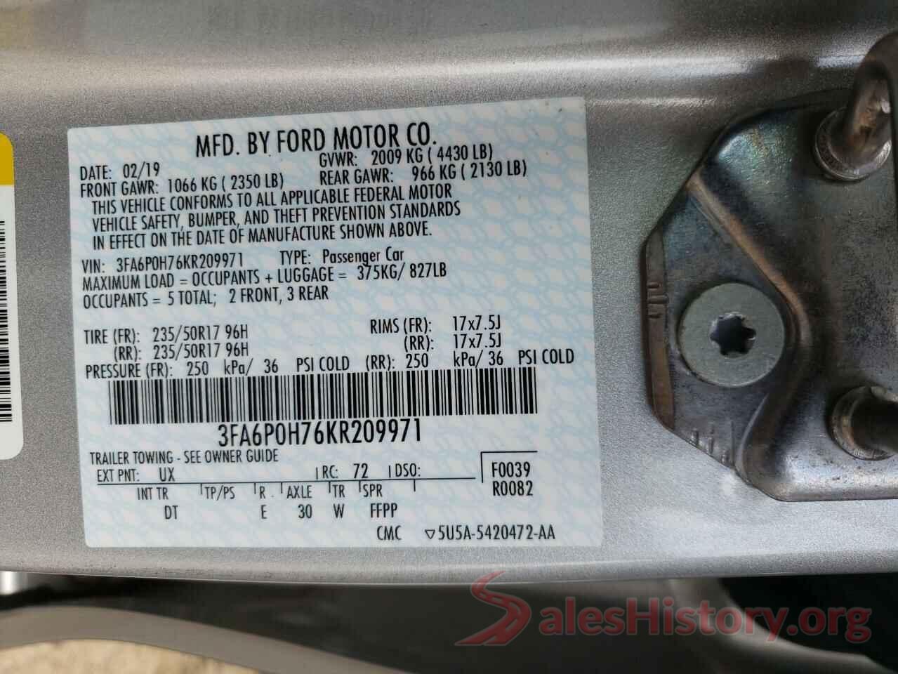 3FA6P0H76KR209971 2019 FORD FUSION