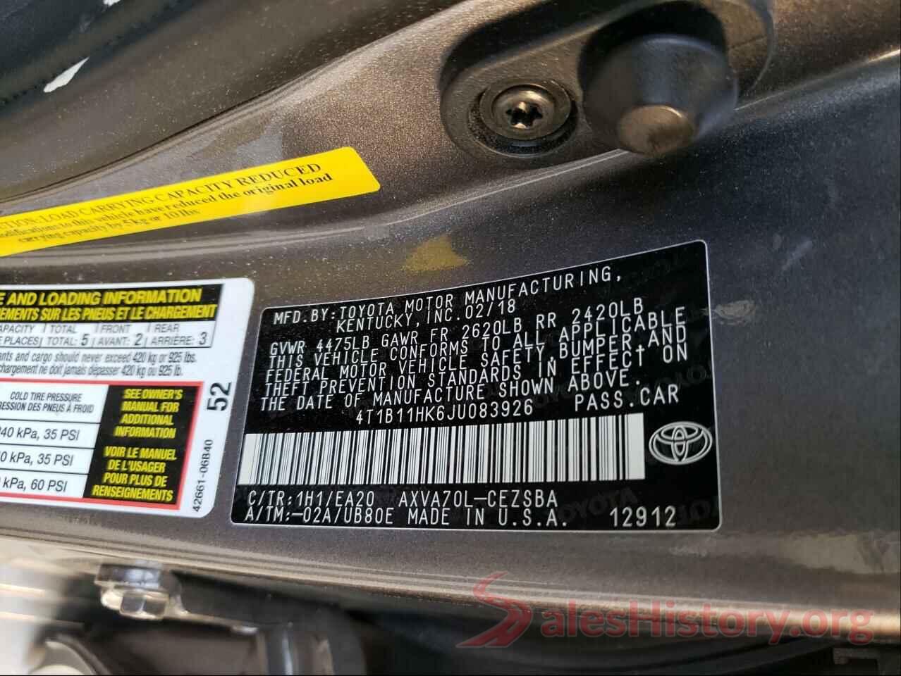 4T1B11HK6JU083926 2018 TOYOTA CAMRY