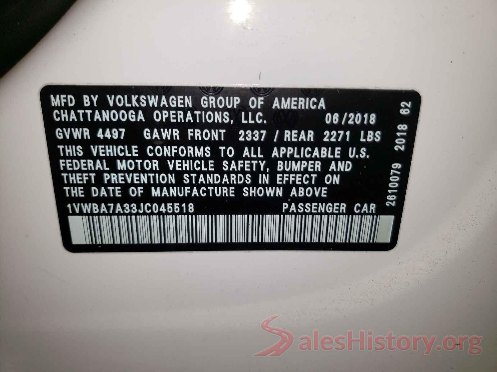 1VWBA7A33JC045518 2018 VOLKSWAGEN PASSAT