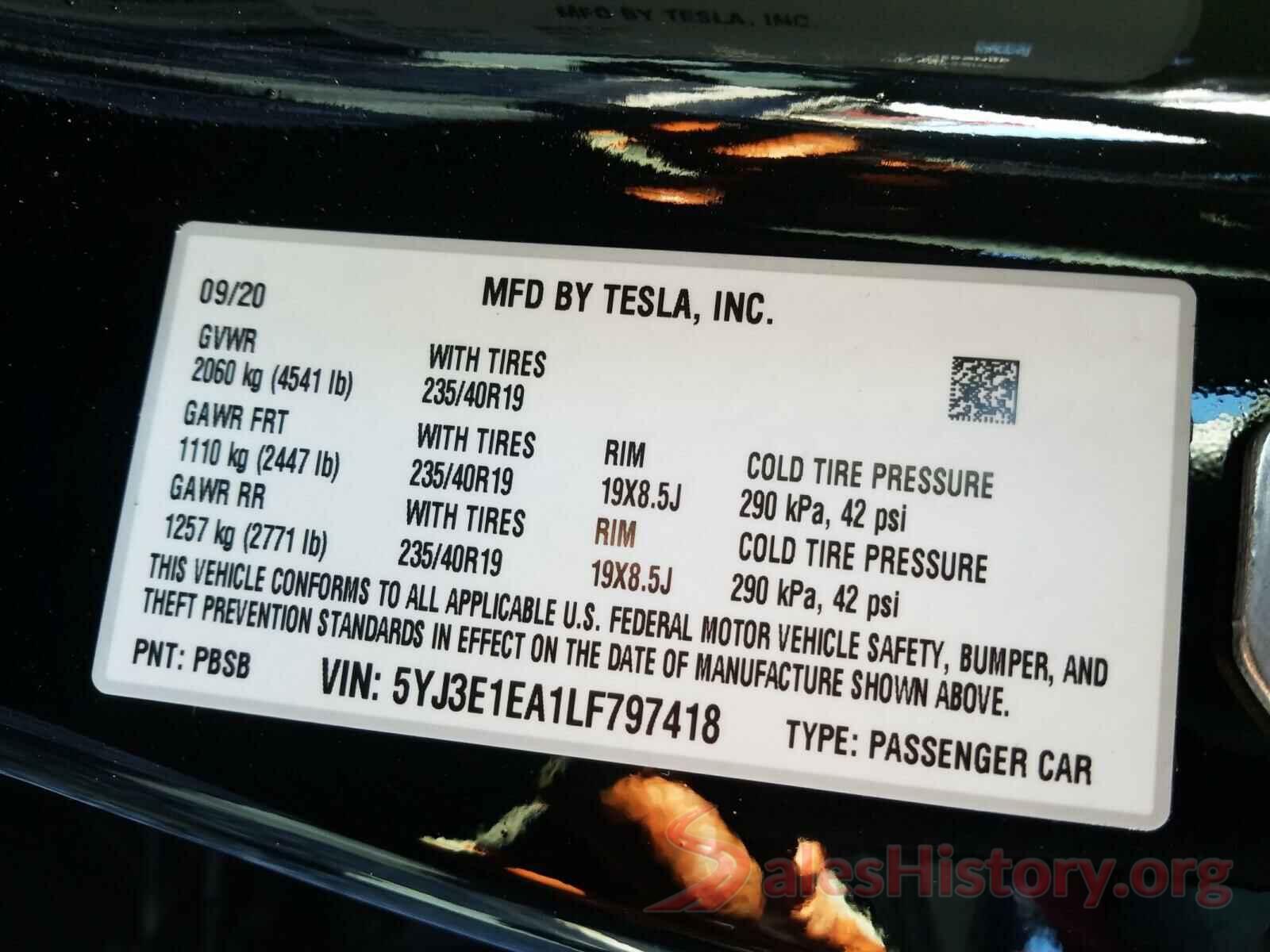 5YJ3E1EA1LF797418 2020 TESLA MODEL 3