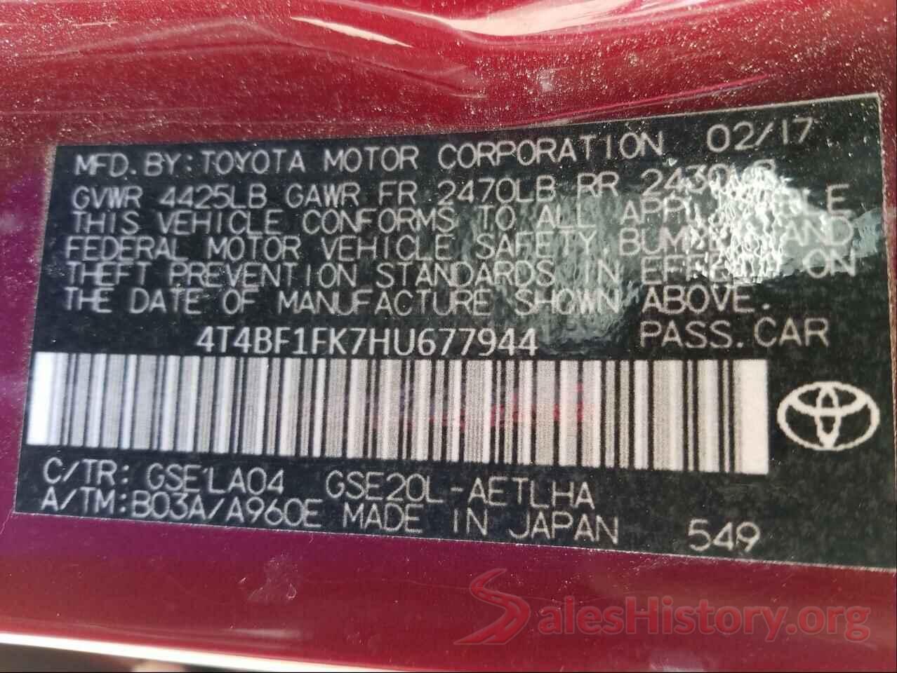 4T4BF1FK7HU677944 2017 TOYOTA CAMRY