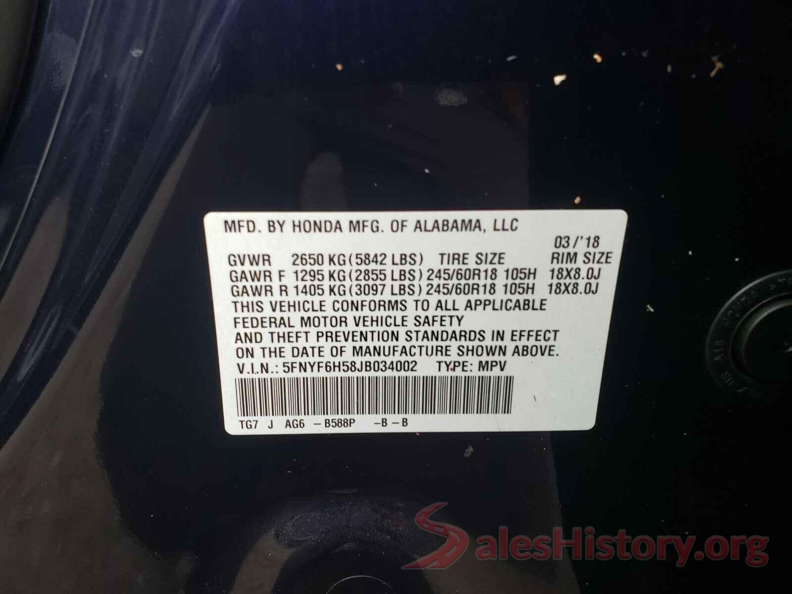 5FNYF6H58JB034002 2018 HONDA PILOT