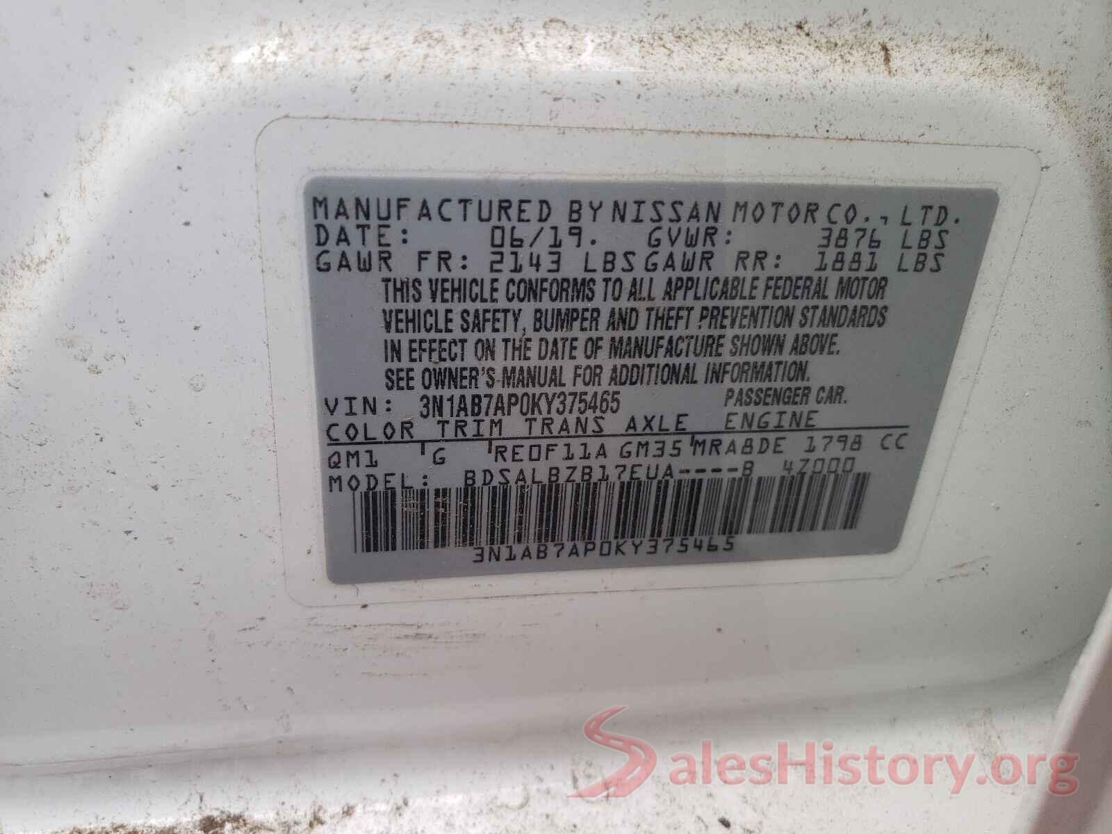 3N1AB7AP0KY375465 2019 NISSAN SENTRA