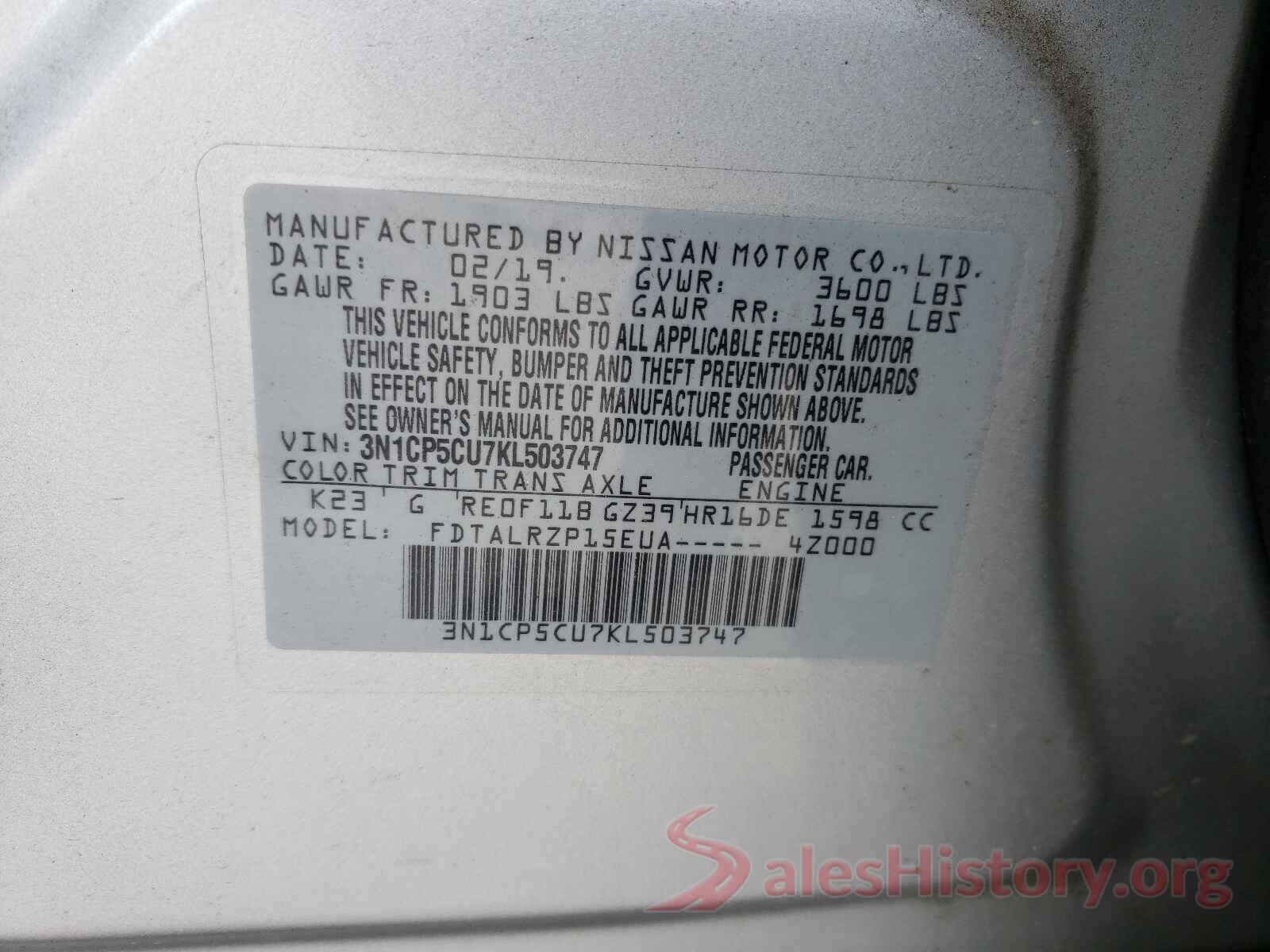 3N1CP5CU7KL503747 2019 NISSAN KICKS