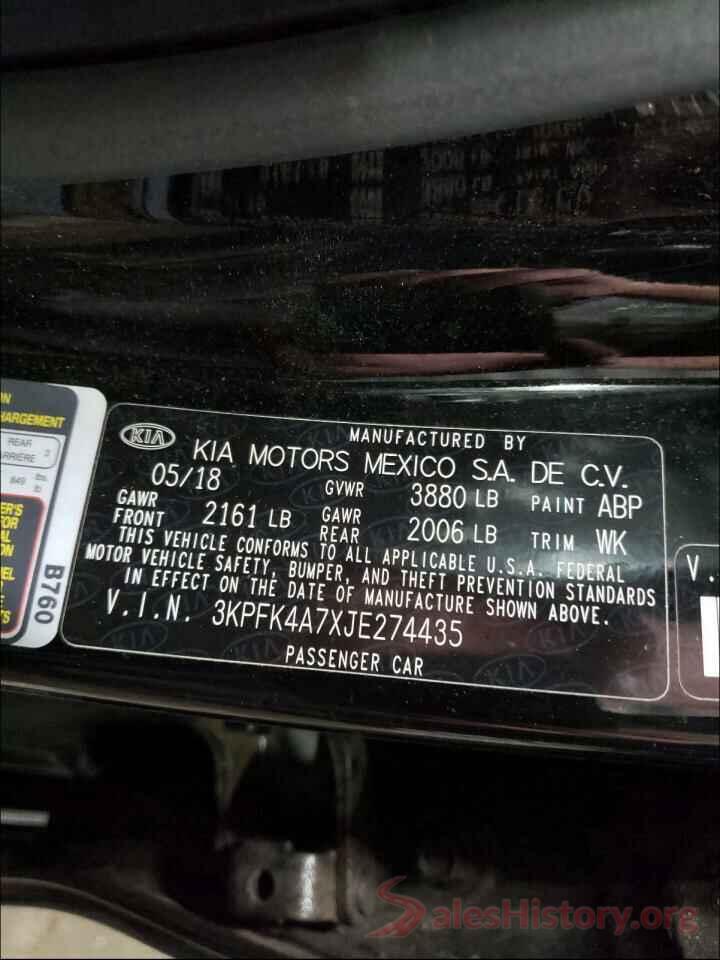 3KPFK4A7XJE274435 2018 KIA FORTE