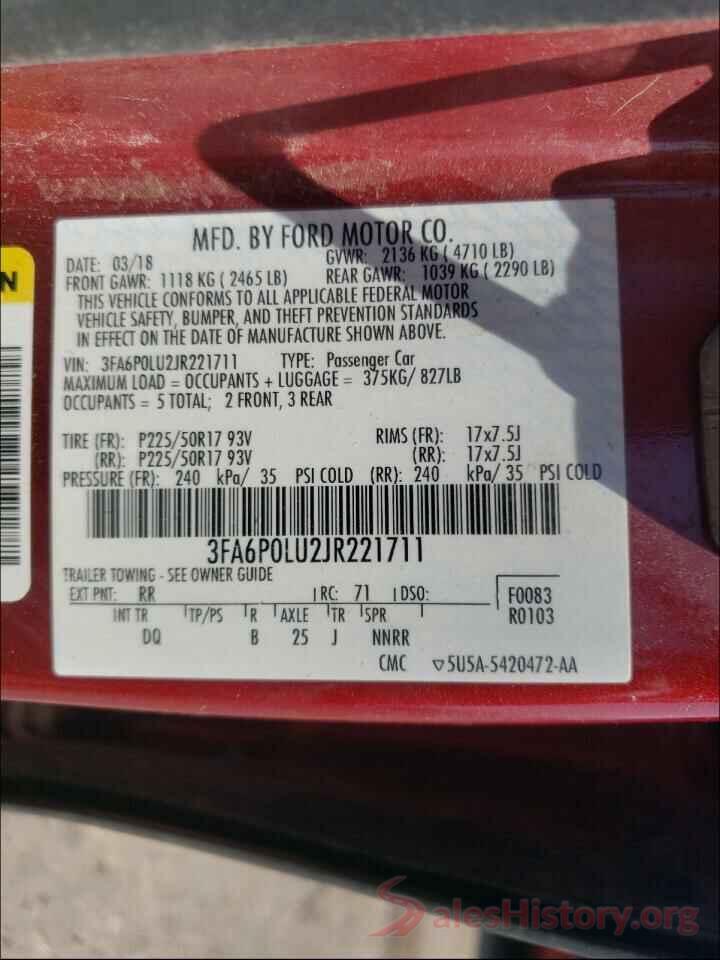 3FA6P0LU2JR221711 2018 FORD FUSION