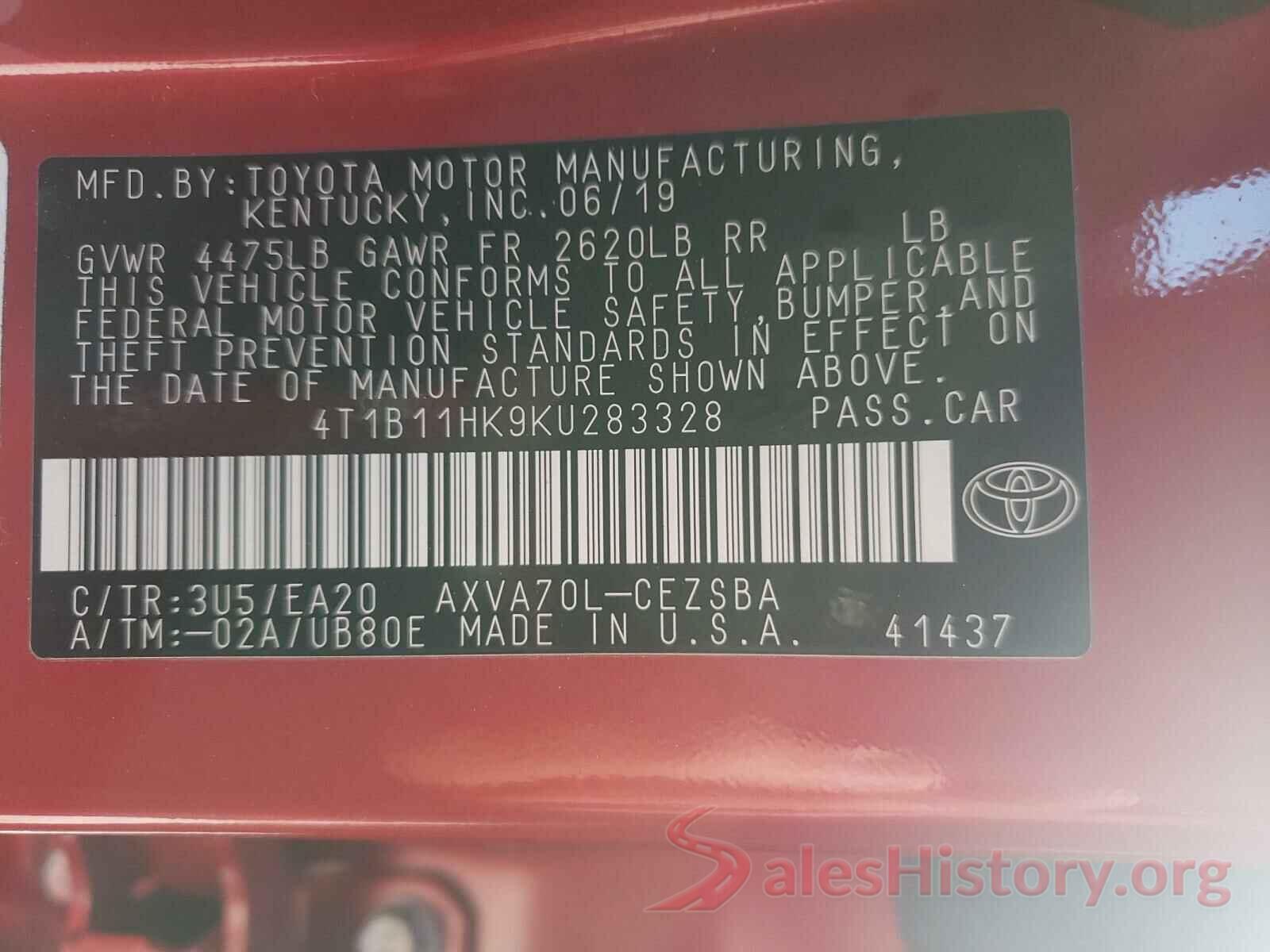 4T1B11HK9KU283328 2019 TOYOTA CAMRY