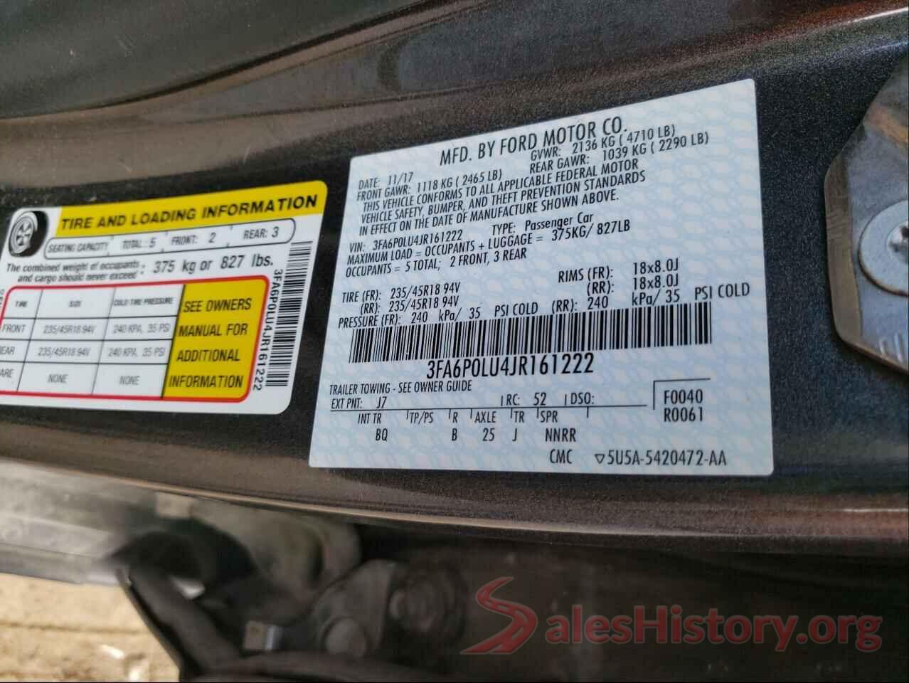 3FA6P0LU4JR161222 2018 FORD FUSION