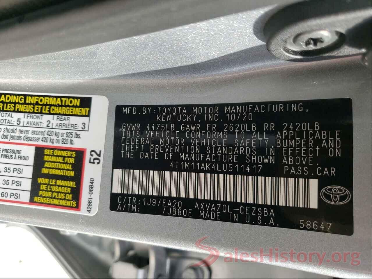 4T1M11AK4LU511417 2020 TOYOTA CAMRY