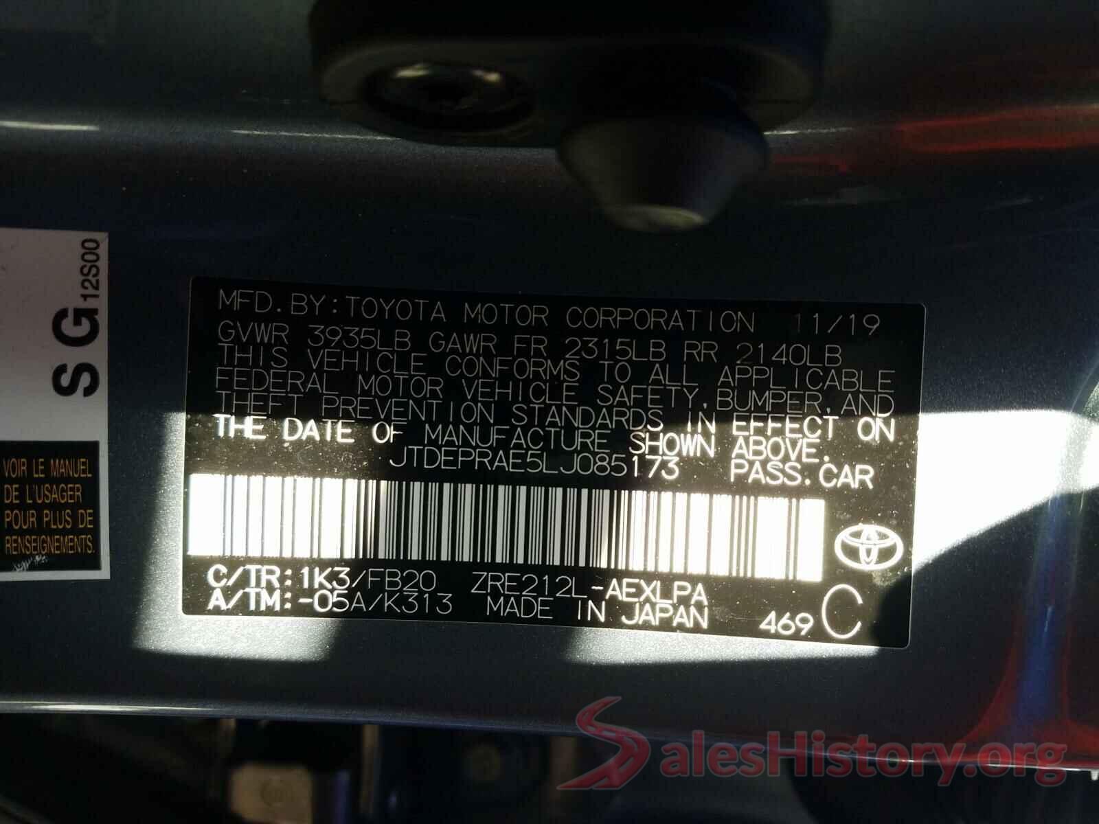 JTDEPRAE5LJ085173 2020 TOYOTA COROLLA