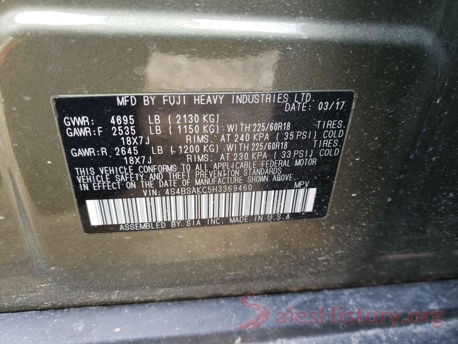 4S4BSAKC5H3369460 2017 SUBARU OUTBACK