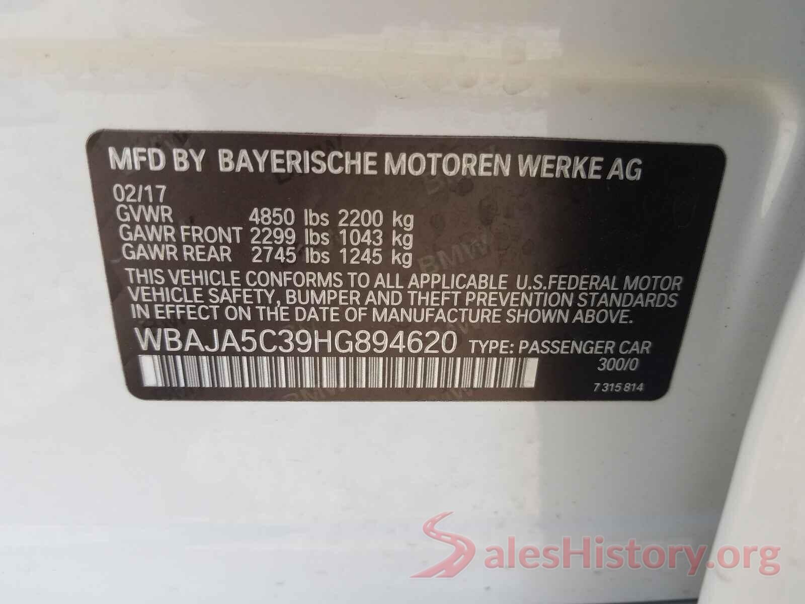 WBAJA5C39HG894620 2017 BMW 5 SERIES