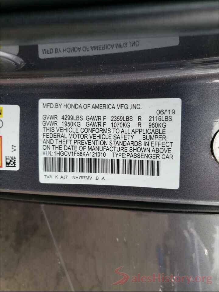 1HGCV1F56KA121010 2019 HONDA ACCORD