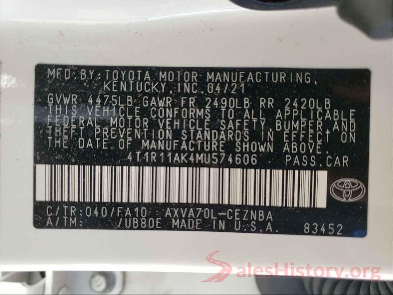 4T1R11AK4MU574606 2021 TOYOTA CAMRY