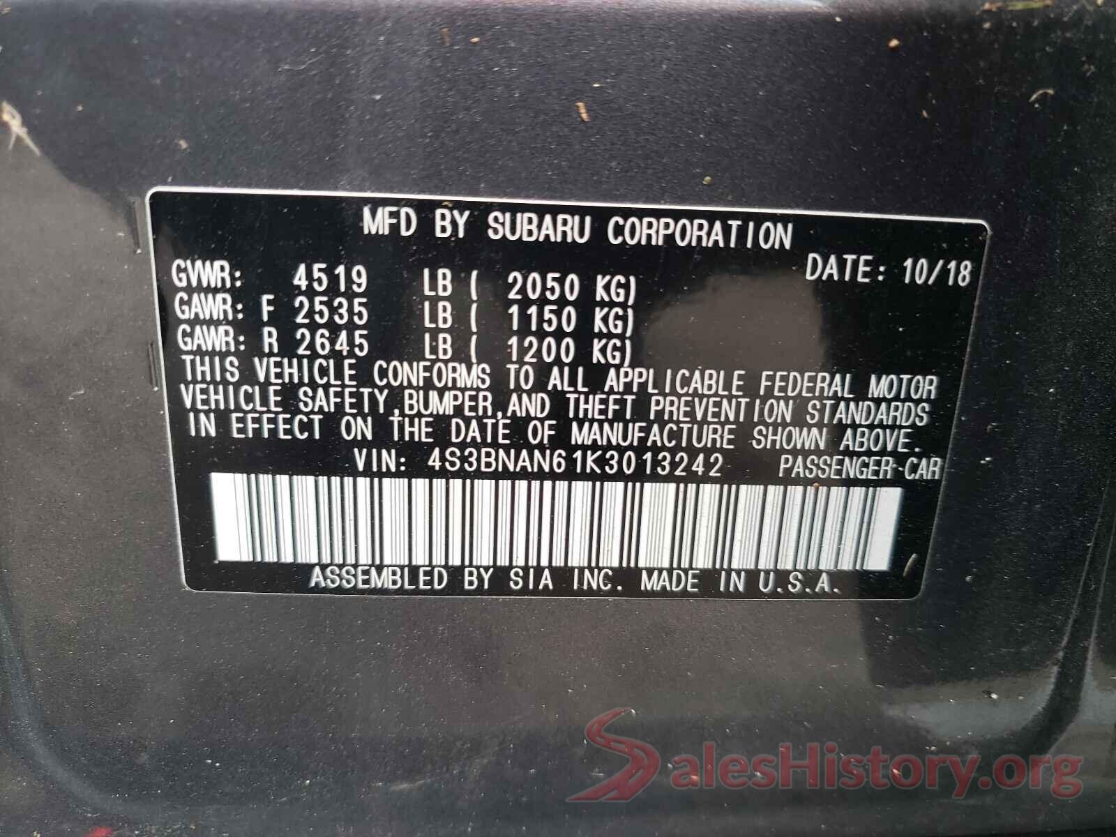 4S3BNAN61K3013242 2019 SUBARU LEGACY