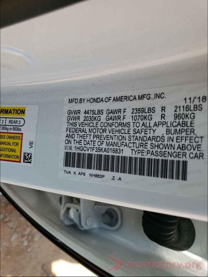 1HGCV1F35KA016831 2019 HONDA ACCORD