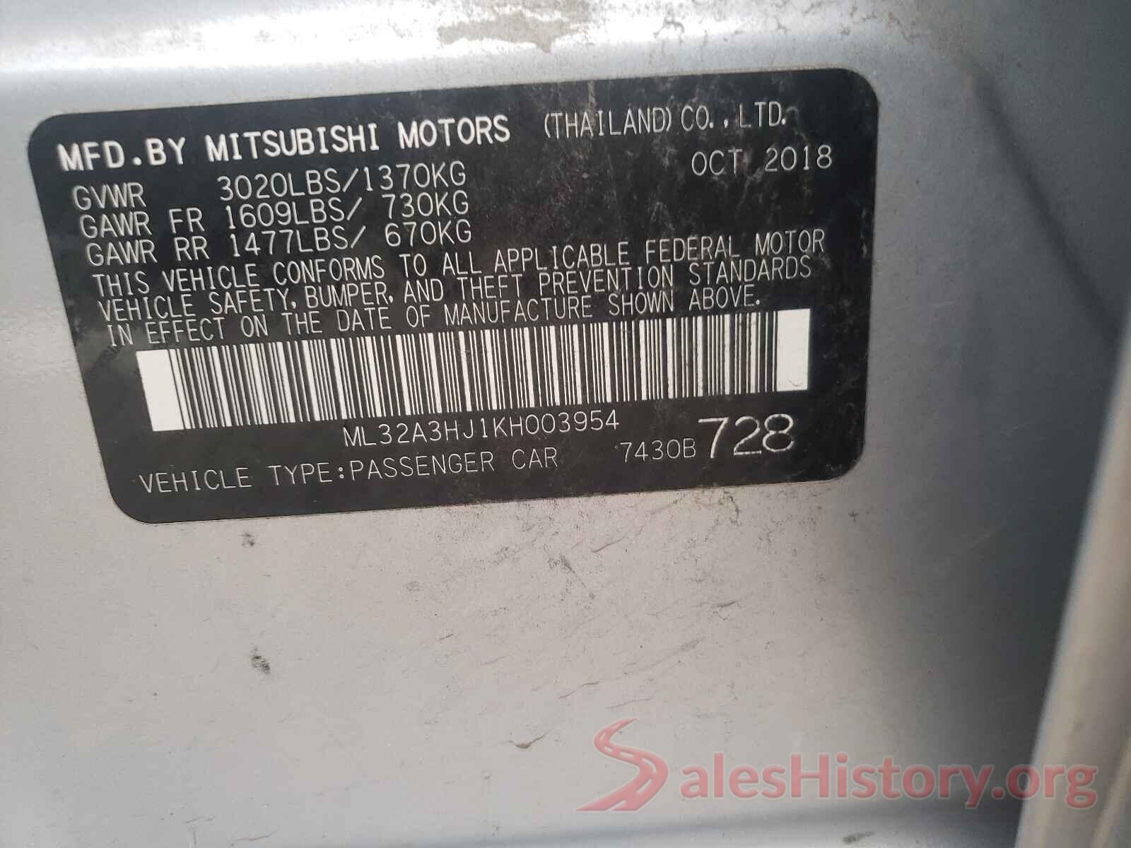 ML32A3HJ1KH003954 2019 MITSUBISHI MIRAGE