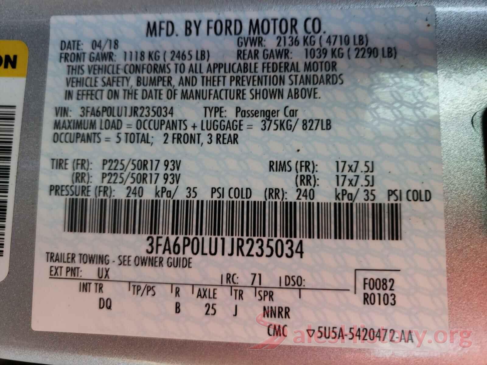 3FA6P0LU1JR235034 2018 FORD FUSION